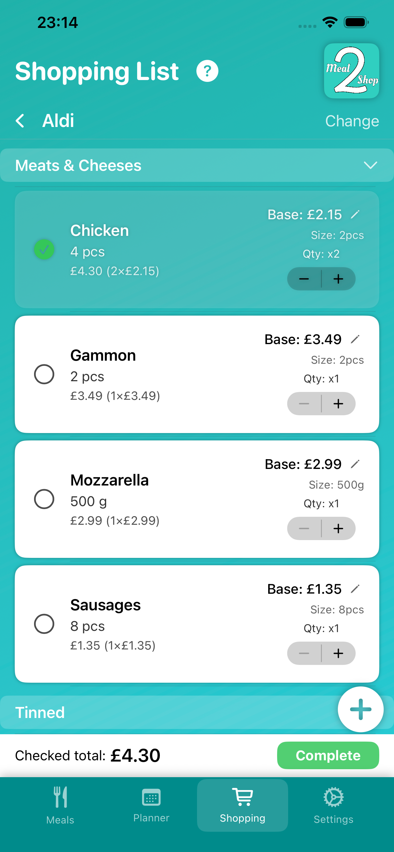 Automatic shopping list screen with aisle sorting